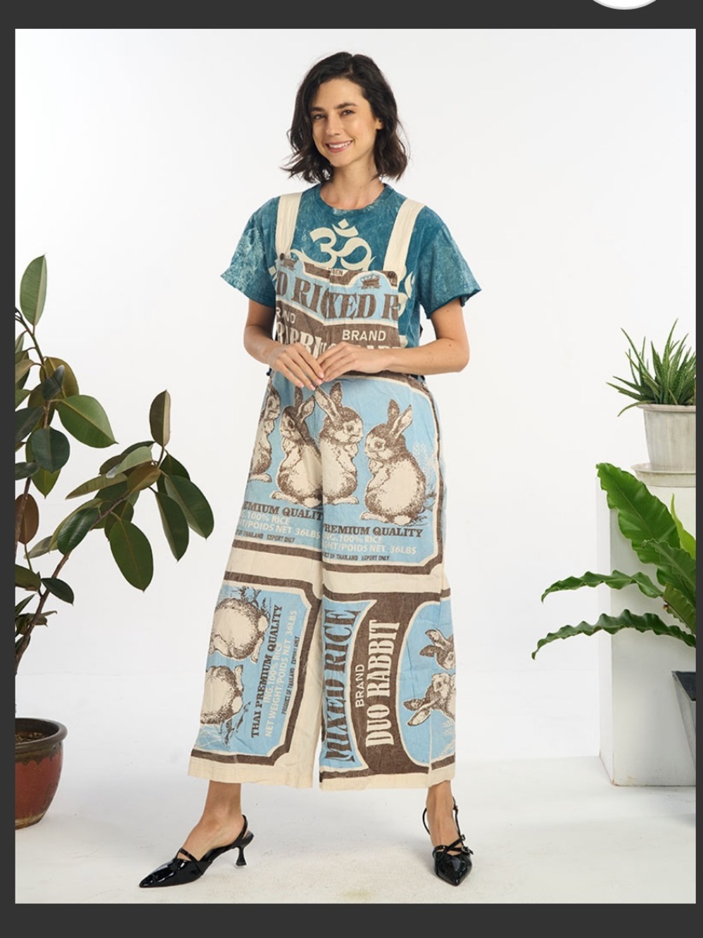 NWT Bunny Print Wide Leg Sack Overalls- One Size Fits Most - Picture 1 of 4